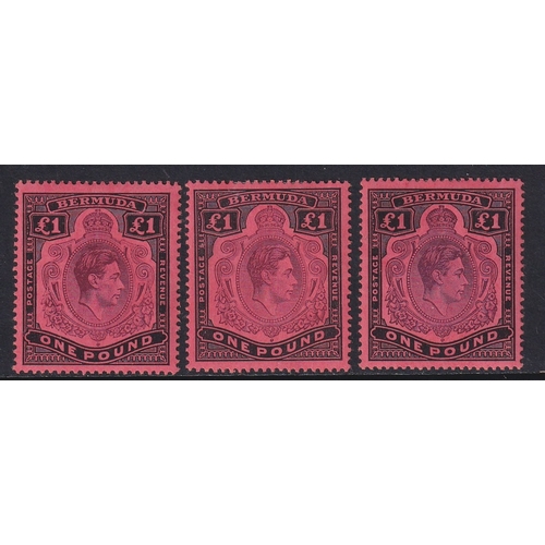 184 - BERMUDA - 1941-46 £1 three shades purple and black on red, pale purple and black on pale red & Deep ... 