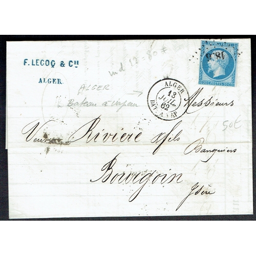 63 - ALGERIA - 1862 (13 July) Entire Letter Alger to Bourgoin France bearing France Napoleon 20c blue (2 ... 