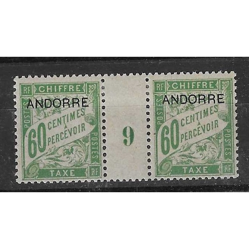 64 - ANDORRA - French: 1931 Postage Due Ist issue 60c green in a plate No 9 gutter pair in fine hinged mi... 