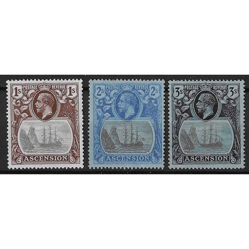 78 - ASCENSION - 1923-22 Badge of St Helena 1s, 2s black and blue on blue & 3s grey-black and black on bl... 