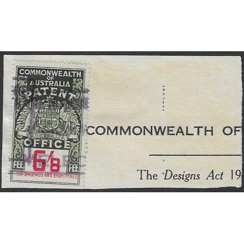 90 - AUSTRALIA - Patent Revenue: 1953 6/8 dark green and red neatly cancelled boxed violet datestamp on p... 