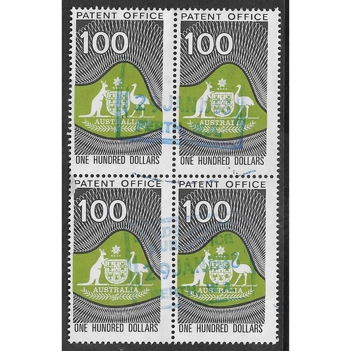 91 - AUSTRALIA - Patent Revenue: 1978 $100 green and grey in an impressive block of 4 off paper, very fin... 