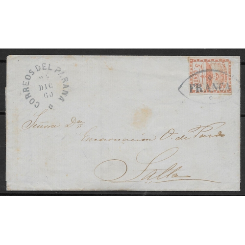 103 - ARGENTINA - 1860 (24 Dec) Entire bearing  one to two margin example of Confederation 5c red (small c... 