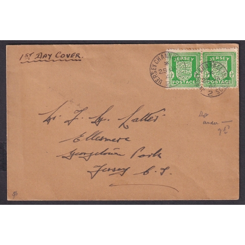 1065 - GREAT BRITAIN -  JERSEY - 1942 (29 Jan) ½d green PAIR tied to cover sent locally on First Day of Iss... 