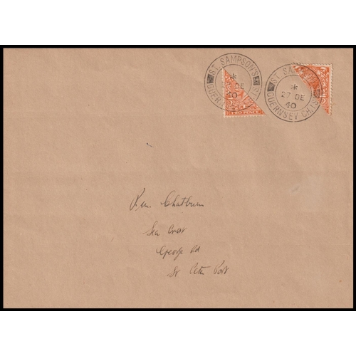 1074 - GREAT BRITAIN -  GUERNSEY - 1940 (27 Dec) Neat cover bearing 1912-26 2d orange bisected in two with ... 