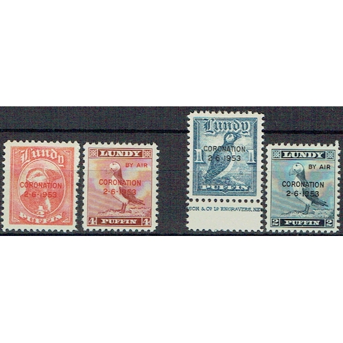 1079 - GREAT BRITAIN -  ISLANDS - Lundy: 1953 Coronation Red Overprint ½p & 4p unmounted mint, and black ov... 