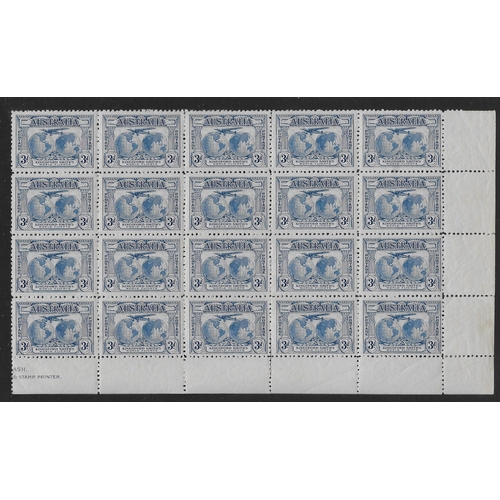 109 - AUSTRALIA - 1931 Kingsford Smith 3d blue in a bottom right marginal block of 20 mint / unmounted, mo... 