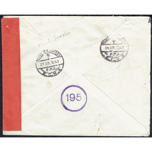 12 - POSTAL HISTORY - 1943 (10th July) Censor cover Fr. Levant to Djibouti bearing 1f strip of 4 tied POS... 