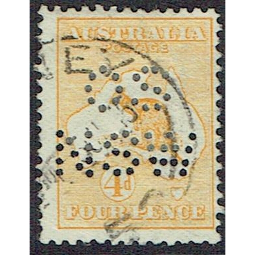 120 - AUSTRALIA - Officials: 1913 4d orange Kangaroo first watermark fine used perforated OS NSW, fine for... 