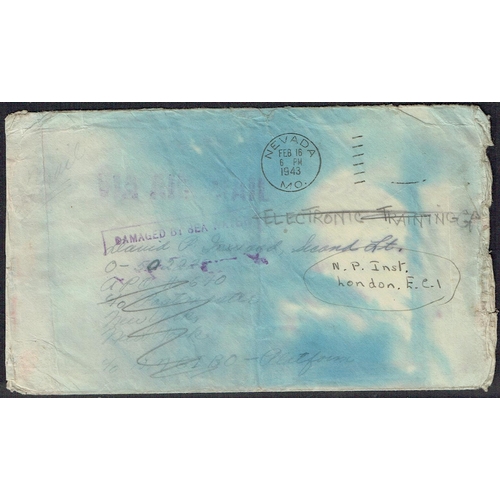 13 - POSTAL HISTORY - 1943 DAMAGED BY SEA WATER violet boxed handstamp on cover Nevada to New York, redir... 