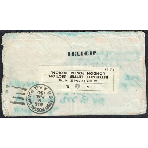 13 - POSTAL HISTORY - 1943 DAMAGED BY SEA WATER violet boxed handstamp on cover Nevada to New York, redir... 