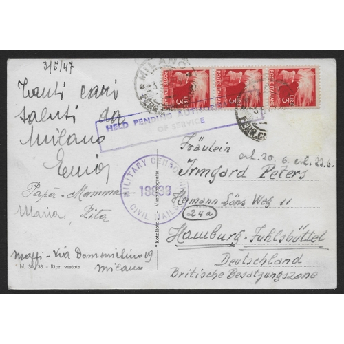 14 - POSTAL HISTORY - EUROPEAN CENSORS: 1947 PPC from Italy to Germany with 3L strip of 3 all tied with b... 