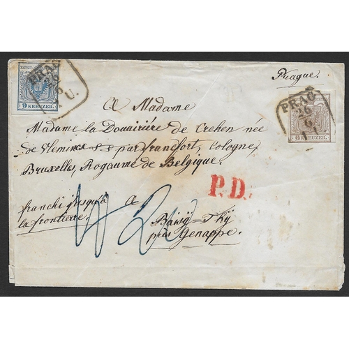 150 - AUSTRIA - Postal History: 1855 cover from Prague to Belgium bearing imperf 6kr brown & 9kr blue both... 