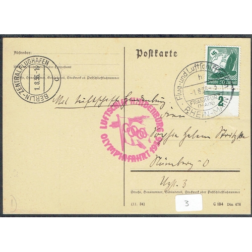 31 - POSTAL HISTORY - ZEPPELIN FLIGHTS - 1936 (1 Aug) Olympic Hindenburg flight card 50pf tied RHEIN MAIN... 