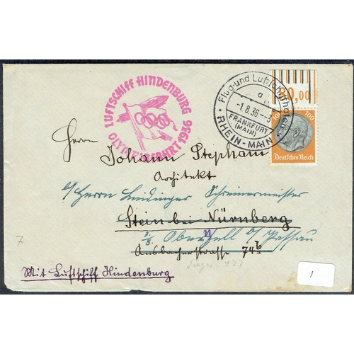 32 - POSTAL HISTORY - ZEPPELIN FLIGHTS - 1936 (1 Aug) Olympic Hindenburg flight cover 100pf tied RHEIN MA... 