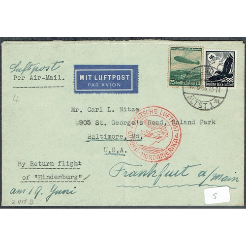 37 - POSTAL HISTORY - ZEPPELIN FLIGHTS - 1936 (June) LZ129 cover 75pf & 100pf tied DRESDEN cds sent to US... 