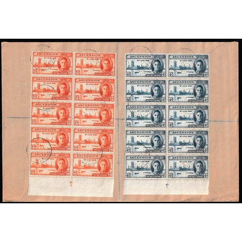 8 - OMNIBUS - Ascension: 1946 Victory set of two on cover in blocks of 10 (2 on front, 2 on back) sent r... 