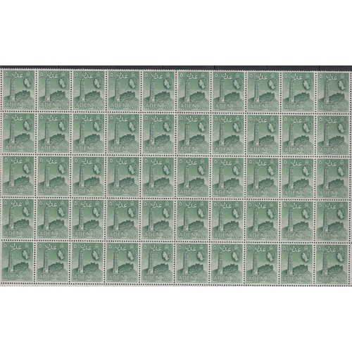 88 - ADEN - 1955 5c bluish green perf 12¼ x 12 in a bottom pane of 50 including Waterlow & Plate 1 Imprin... 