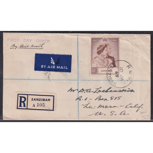 884 - ZANZIBAR  - 1949 (10 Jan) Registered airmail First Day cover to USA bearing RSW 10s brown tied REG. ... 