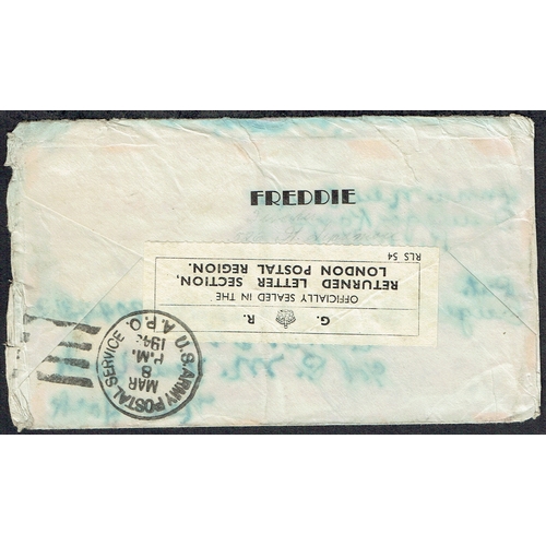 33 - POSTAL HISTORY - 1943 DAMAGED BY SEA WATER violet boxed handstamp on cover Nevada to New York, redir... 