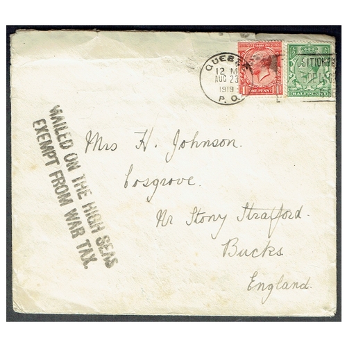 58 - POSTAL HISTORY - Maritime: MAILED ON THE HIGH SEAS / EXEMPT FROM WAR TAX 1919 (23 Aug) Tatty cover b... 