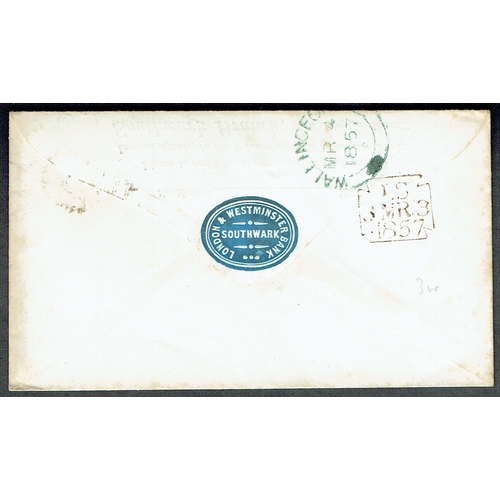 890 - GREAT BRITAIN -  QUEEN VICTORIA - 1857 (4 Mar) London & Westminster Bank embossed 1d pink postal sta... 