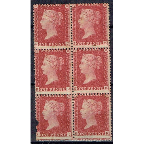 891 - GREAT BRITAIN -  QUEEN VICTORIA - 1857 P.14 Wmk LC 1d rose-red in vertical blocks of six letter QJ-S... 