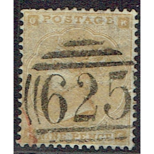 893 - GREAT BRITAIN -  QUEEN VICTORIA - 1862 Emblems 9d bistre pl.1 cancelled sock on the nose 625 Portsmo... 