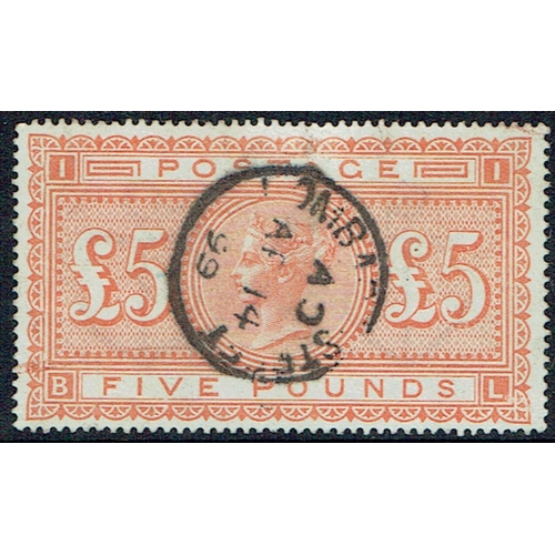 897 - GREAT BRITAIN -  QUEEN VICTORIA - 1867-83 Wmk Anchor, White paper £5 orange nicely used example with... 