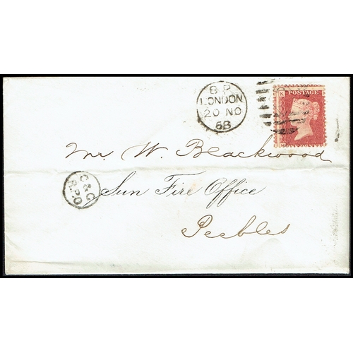 899 - GREAT BRITAIN -  QUEEN VICTORIA - 1868 Plain env to Peebles with 1d Red Pl 89 misperfed, cancel Lond... 