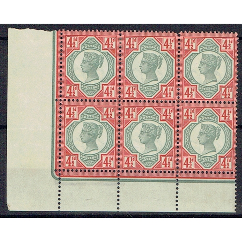 911 - GREAT BRITAIN -  QUEEN VICTORIA - 1892 4½d bottom left corner marginal block of six, mounted on two ... 