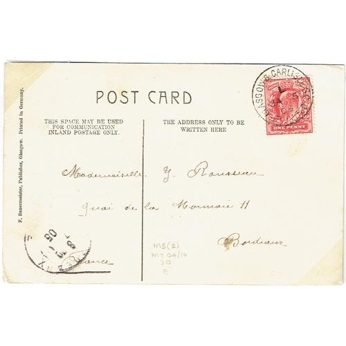 921 - GREAT BRITAIN -  EDWARD VII - 1905 (5 Jan) PPC to France bearing 1d red tied by sock on the nose GLA... 