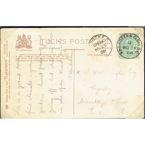 926 - GREAT BRITAIN -  EDWARD VII - 1908 (24 Nov) PPC of Elgin Cathedral to London bearing ½d yellow-green... 