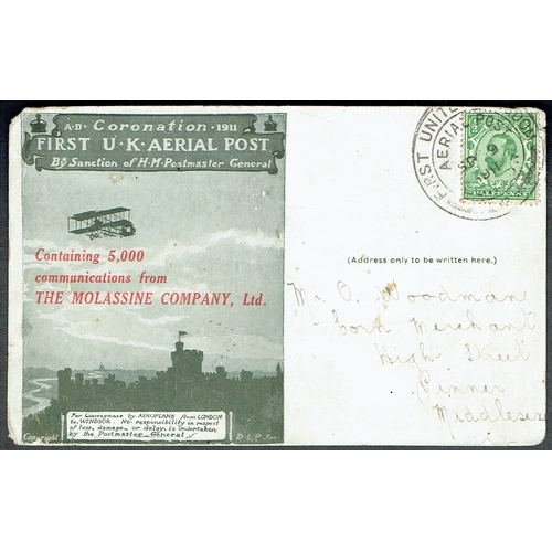 928 - GREAT BRITAIN -  GEORGE V - 1911 First UK Aerial Post:  Green printed card used ½d green tied specia... 