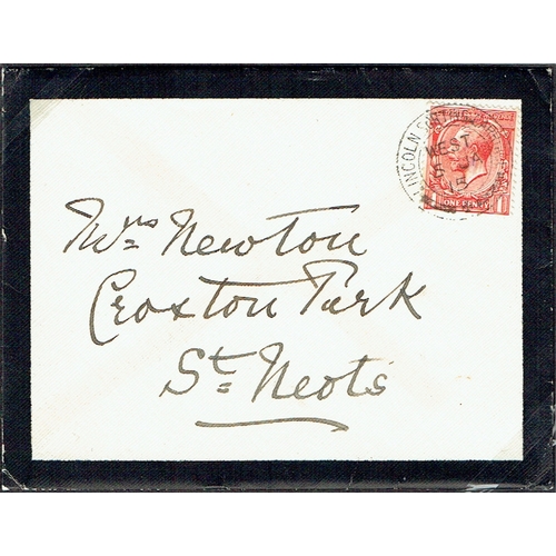 932 - GREAT BRITAIN -  GEORGE V - 1915 (5 Jan) Mourning envelope bearing 1d red Lincoln to St Neots tied L... 