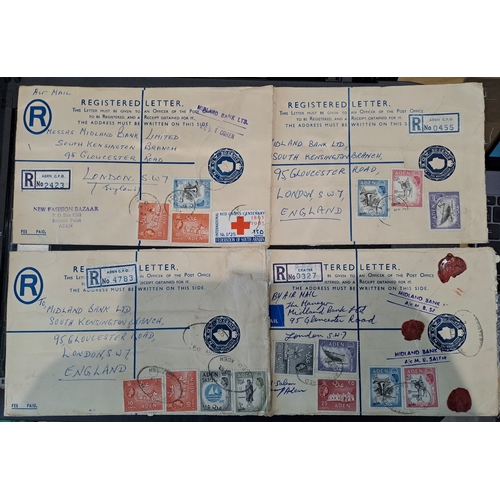 113 - ADEN - 1962-3 Three 30c dark blue registered postal stationery envelopes each to London uprated with... 