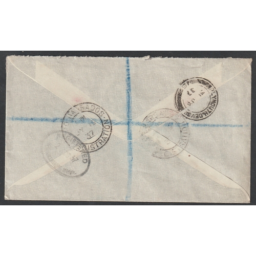 171 - BARBADOS - 1937 (19 Jul) Registered cover to UK bearing ½d & 4d seahorse tied REGISTRATION BARBADOS ... 