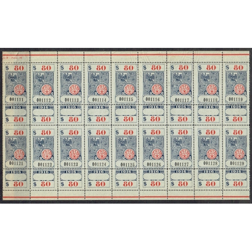 65 - REVENUES & CINDERELLA - Argentina: 1916 $80 Intendencia Municipal de la Capital Unused in red and bl... 