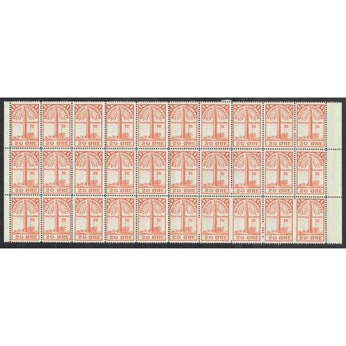70 - REVENUES & CINDERELLA - Denmark: 1920 Railway stamp Kolding Sydbaner 20re red large block of 30, mar... 