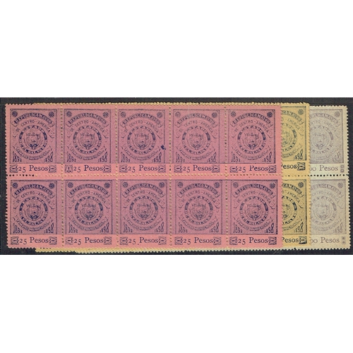 71 - REVENUES & CINDERELLA - El Salvador: 1898 Municipal Tax in blocks of 10 mint for 25p, 50p & 100p, mi... 