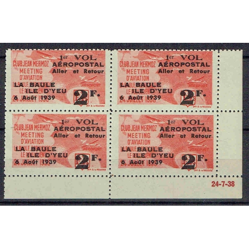 73 - REVENUES & CINDERELLA - France: 1939 1st Flight Airpost La Baule 2F surcharge in red on Club Mermoz ... 