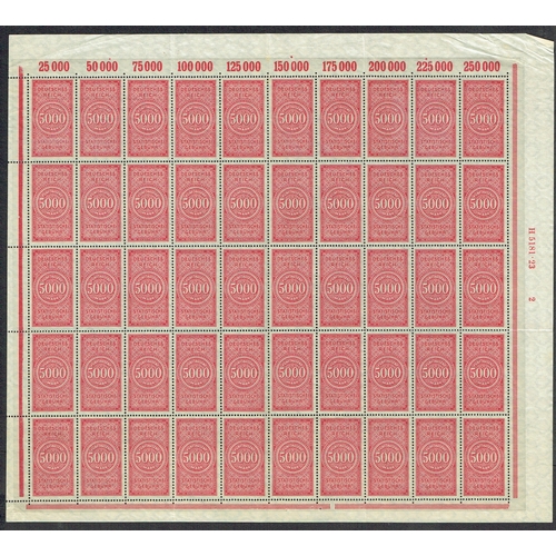 74 - REVENUES & CINDERELLA - Germany: 1923 Weimar Republic 5000 Mark Statistical Fees complete sheet of 5... 