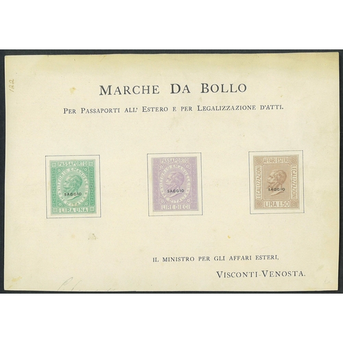 83 - REVENUES & CINDERELLA - Italy: Passport Stamps imperf overprinted SAGGIO on a presentation sheet num... 