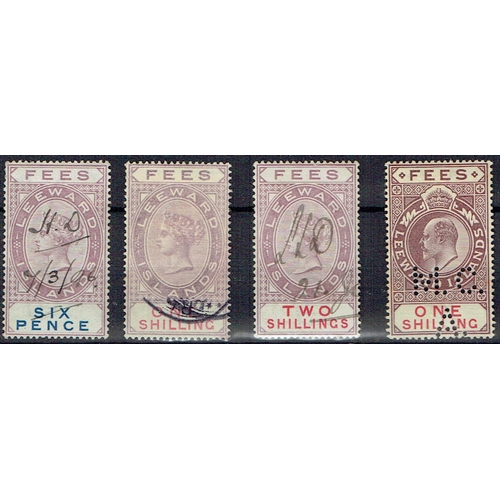 84 - REVENUES & CINDERELLA - Leeward Islands: Fees 1882 6d, 1s & 2s, 1902 1s all neatly used, scarce. Bar... 