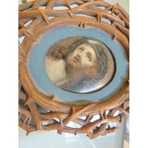 94 - Miniature Portrait, Jesus Christ in Carved Wood Frame