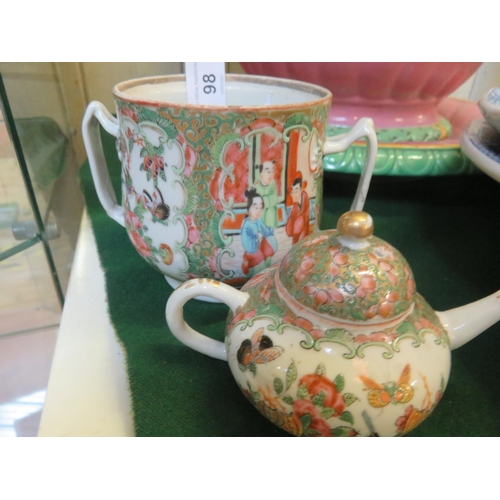 98 - Canton Famille Rose two handled Cup and small Canton Teapot