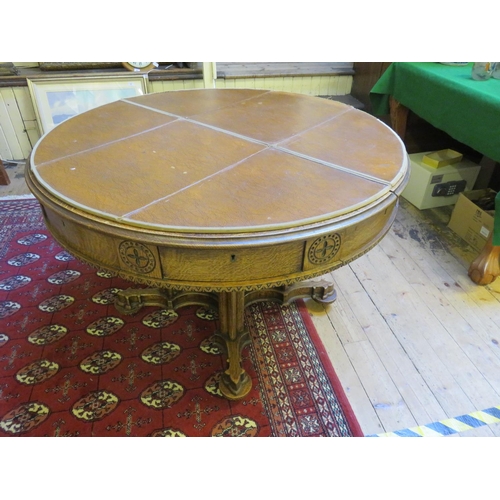 283 - Late 19th Century Ecclesiastical Style Oak Table, Quadruple Base, Circle Pillars, various drawers