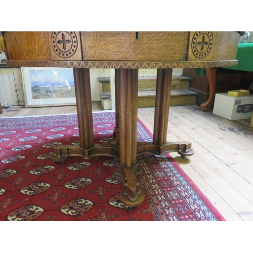 283 - Late 19th Century Ecclesiastical Style Oak Table, Quadruple Base, Circle Pillars, various drawers