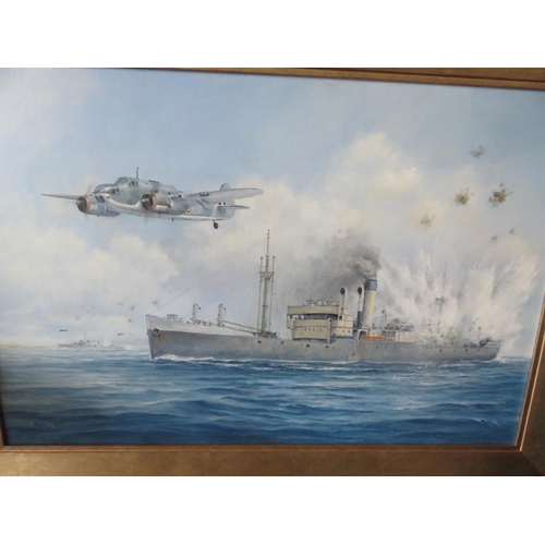 45 - Framed Oil Painting, R.A.F. Bomber & Battleships - Neil Foggo. G.A.V.A. 27½ x 19½ ins