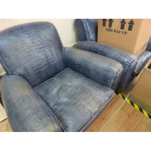 345 - Pair of Blue Leather Crocodile Embossed Skin Armchairs